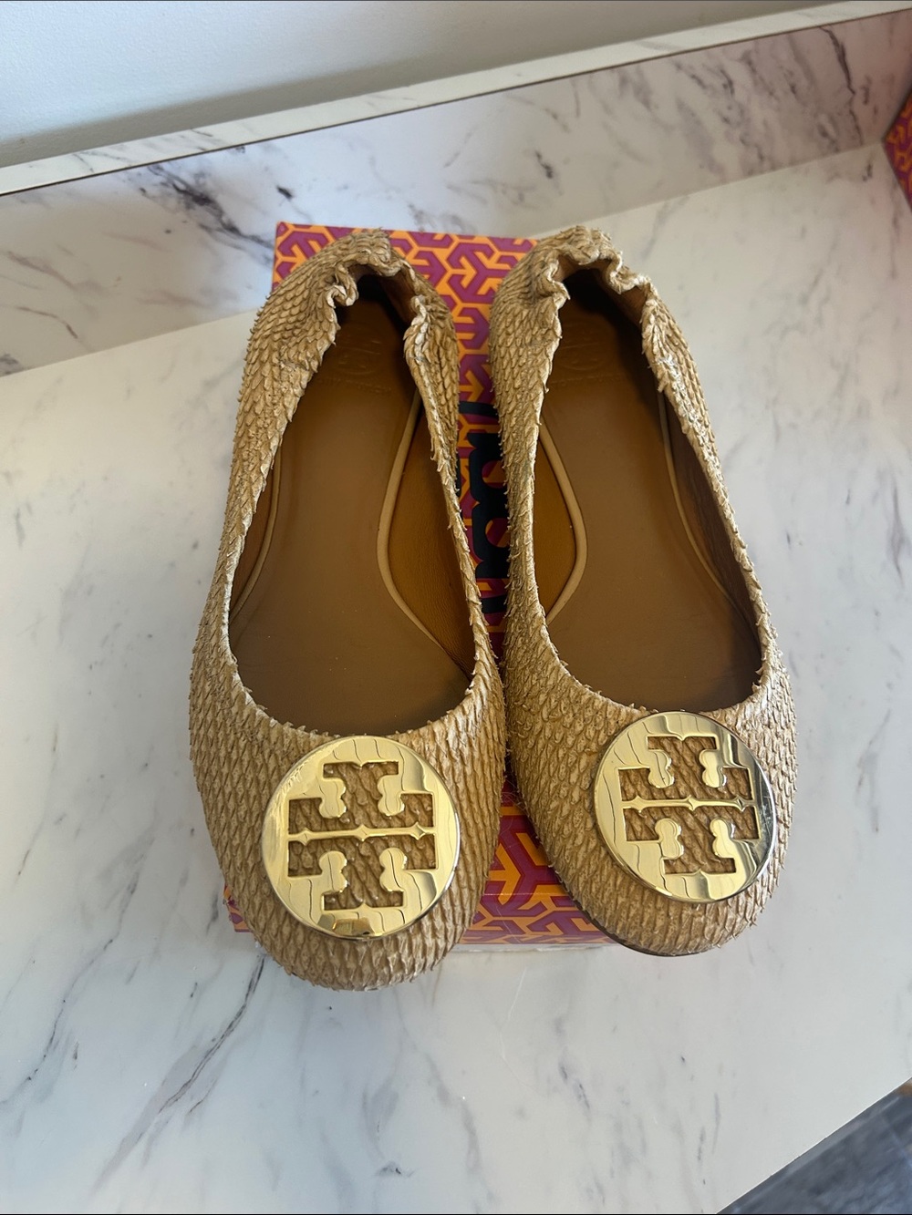 Tory Burch Metallic Gold Reva Logo Ballet Flats - Picture 2 of 12